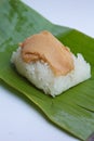 Sweet sticky rice with egg custard topping. Royalty Free Stock Photo