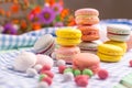 Sweet still life of macaroon cookies and marshmallow Royalty Free Stock Photo