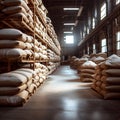 Sweet storage bags of sugar in a well stocked warehouse