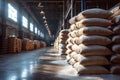 Sweet storage bags of sugar in a well stocked warehouse