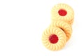 sweet strawberry inside cookie on white background. Royalty Free Stock Photo