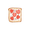 Sweet strawberry and peanut butter toast. Open fruit sandwich with chocolate paste and caramel topping on grilled square Royalty Free Stock Photo