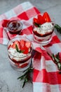 Sweet strawberry chia pudding dessert with cream and jelly Royalty Free Stock Photo