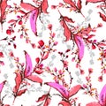 Sweet stylish blooming of wild flowers from hand drawn monotone pink color from marker pen and ink sketch seamless pattern in