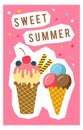 Sweet summer banner with ice cream dessert. Poster template