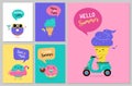 Sweet summer - cute ice cream, watermelon and donuts characters make fun Royalty Free Stock Photo