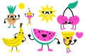 Sweet summer - cute ice cream, watermelon pizza and fruits characters make fun. Pool, sea and beach summer activities Royalty Free Stock Photo