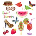 Sweet summer watercolor isolated illustration set, hat, sunglasses, stiletto shoes, cherry, strawberry, watermelon, ice cream