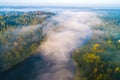 Very nice aerial landscape of lake and mist during sunrise