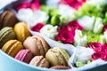 Flower box, Sweet Surprise Macarons and flowers closeup