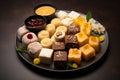 Sweet symphony Indian dessert variety, artistically arranged in a captivating flat lay presentation