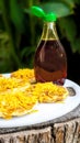 Sweet syrup / honey and salty cheese on round pancakes / flapjacks for breakfast or brunch.