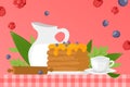 Sweet syrup pancakes, homemade food vector illustration. Dessert on plate decorated with fresh cartoon blueberries