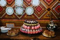 Sweet table. A plates of cakes and muffins with cream with berries. Table with sweets, candy, buffet. Dessert table for a party Royalty Free Stock Photo