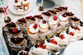 Sweet table. A plates of cakes and muffins with cream with berries. Table with sweets, candy, buffet. Dessert table for a party Royalty Free Stock Photo