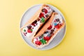 Sweet tacos with waffle, cottage cheese cream and strawberry Royalty Free Stock Photo