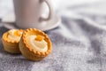 Sweet tarlets. Tasty mini tarts. Mini pie with cream on kitchen table