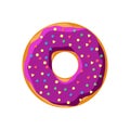 Sweet tasty donut isolated on white background. Purple glazed and colorful sprinkles top view for cake cafe decoration