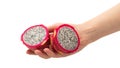 Sweet tasty dragon fruit or pitaya in woman hand isolated