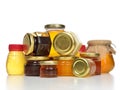 Sweet Tasty jars of jam and honey cream in row composition with