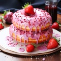 Sweet tasty pancake doughnut with strawberry candy topping cream. Homemade bakery with dessert and food Royalty Free Stock Photo