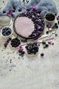 Sweet and tasty tart with fresh blueberries, blackberries and grapes, served on stone background Royalty Free Stock Photo