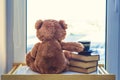 Sweet Teddy bear with cup of coffee. At a morning sun light. Good morning concept Royalty Free Stock Photo