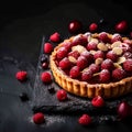 Sweet temptation Bakewell Tart on dark background with text space