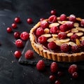 Sweet temptation Bakewell Tart on dark background with text space