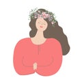 Sweet, sweet and tender mother with a wreath of flowers in her hair. Mother s Day greeting card