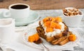 Sweet toast with caramelized pumpkin, cheese and nuts, breakfast