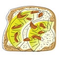 Sweet toast with fruits and nuts doodle. A piece of bread with slices of pineapple and nuts. Vector illustration