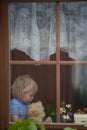 Sweet toddler boy, wearing medical mask, hugging teddy bear, also with mask, looking sadly out of the window, during coronavirus Royalty Free Stock Photo