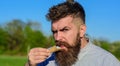 Sweet tooth concept. Bearded man with ice cream cone. Man with beard enjoy ice cream. Man with beard and mustache on Royalty Free Stock Photo