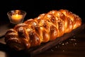 Sweet traditional braided bread with crispy brown crust and sesame on wooden background