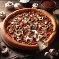 traditional slice closeup round pizza with mozzarella and mushroom, tomatoes, meat, and sauce. ai generated