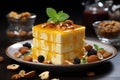 A sweet treat featuring a golden dessert crowned with nuts for added flavor, eid and ramadan images