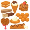 Sweet treats with delicious waffles isolated illustrations set