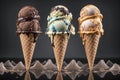 Sweet Trio: Chocolate, Vanilla, and Caramel Ice Cream Cones with Drippy Toppings, ai generative