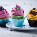 Sweet Trio: Three Beautiful Cupcakes with Pink and Yellow Icing - Generative AI