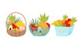 Sweet Tropical Food with Pineapple and Banana Bunch in Basket and Bowl Vector Set