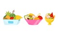 Sweet Tropical Fruit with Pineapple and Watermelon in Crate and Bowl Vector Set