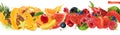 Sweet Tropical Fruits And Mixed Berries. Splash Of Juice. Watermelon, Banana, Pineapple, Strawberry, Orange, Mango, Blueberry,