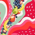 Sweet tropical fruits and mixed berries. Strawberry abstract background for typography, textiles or packaging design