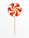 Sweet twisted candy lollipop with Halloween striped pattern on wooden stick isolated on white background. Realistic vector cartoon