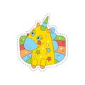 Sweet unicorn childish patch badge, cute cartoon yellow animal sticker hand drawn vector Illustration on a white