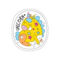 Sweet unicorn with closed eyes childish patch badge, cute cartoon yellow animal sticker hand drawn vector Illustration