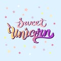 Sweet Unicorn text isolated on blue background.