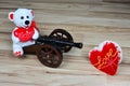 Sweet valentines teddy bear hand hold a big hart. Happy Valentines Day. Royalty Free Stock Photo