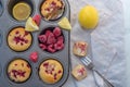 Sweet vanilla raspberry muffins on a table Royalty Free Stock Photo